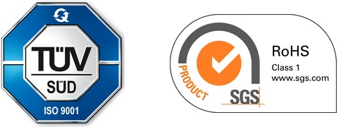 TÜV SÜD ISO 9001 and SGS RoHS certification marks